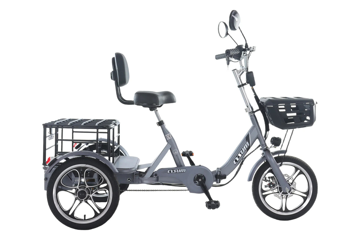 Foldable 48V 400W cargo electric tricycle with three wheels, front basket, and rear cargo platform.