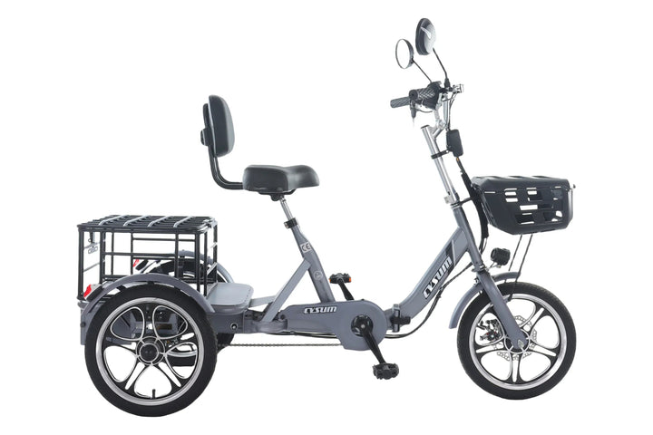 Foldable 48V 400W cargo electric tricycle with three wheels, front basket, and rear cargo platform.