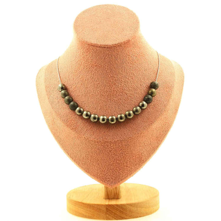 Pyrite from Spain 8mm 15 beads necklace with stainless steel chain, shown in box pouch
