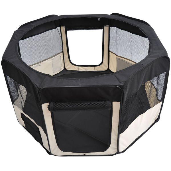 Puppy resting comfortably inside the PawHut soft pet playpen with mesh ventilation.