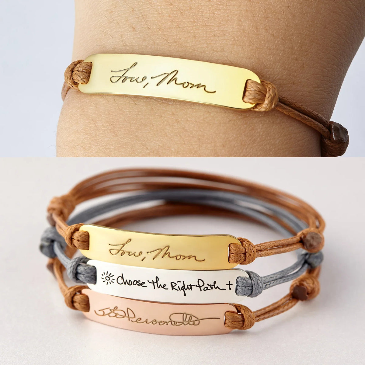 Detailed view of sterling silver bracelet featuring custom engraved handwriting.