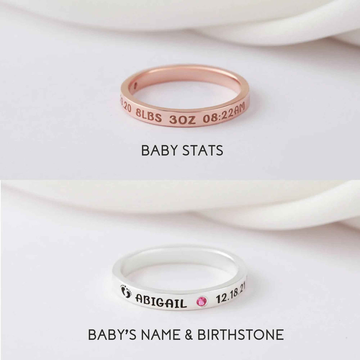 Elegant silver band ring with intricate baby name engraving, a perfect gift for first-time mothers.