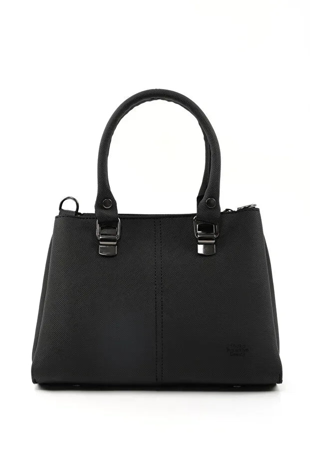 Black Faux Leather Zippered Handbag with 3 Compartments Adjustable Bag - Snagva