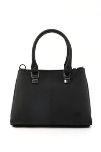 Black Faux Leather Zippered Handbag with 3 Compartments Adjustable Bag - Snagva