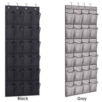 White over-the-door shoe organizer with 24 clear pockets, hanging on a door and holding assorted shoes.