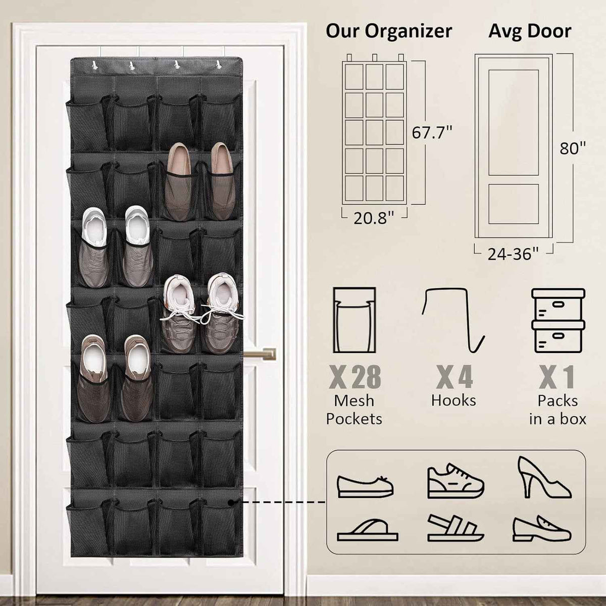 White over-the-door shoe organizer with 28 clear pockets, neatly holding various shoes and accessories.