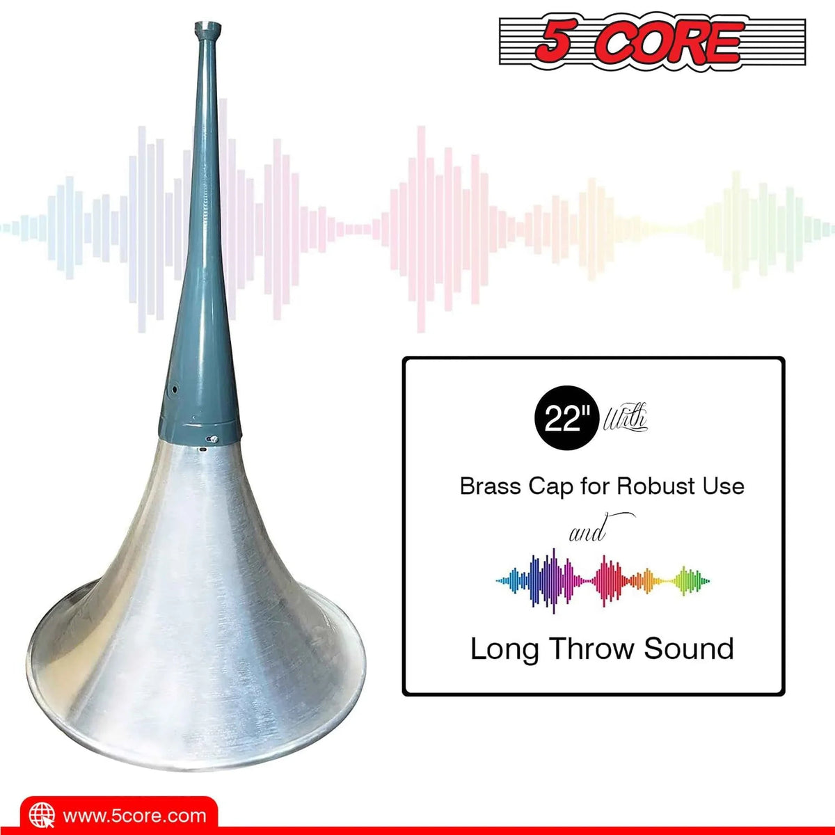 Front angle of outdoor PA horn speaker highlighting the trumpet horn and sturdy frame