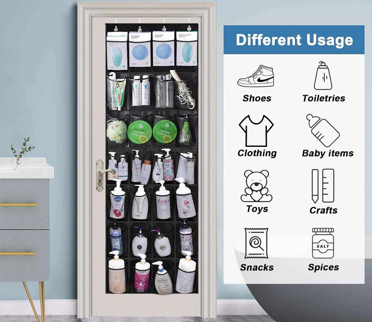White over-the-door hanging organizer with 28 mesh pockets filled with various pairs of shoes in a bright room.