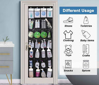 White over-the-door hanging organizer with 28 mesh pockets filled with various pairs of shoes in a bright room.