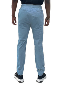 Close-up of jogger pants fabric texture highlighting cotton and elastane blend material.