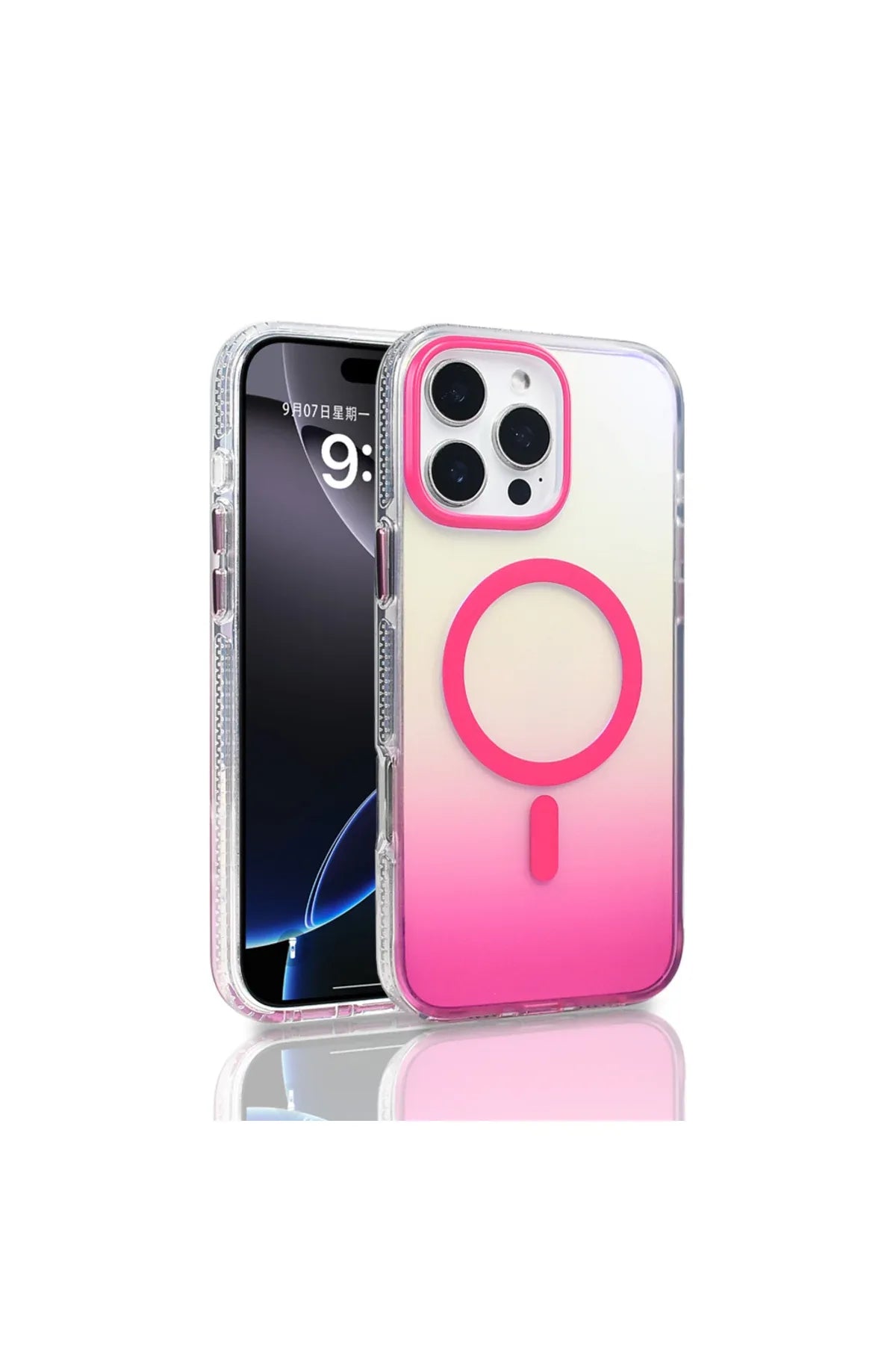 Illustration of the case's color-changing effect under different light angles, emphasizing its vibrant style.
