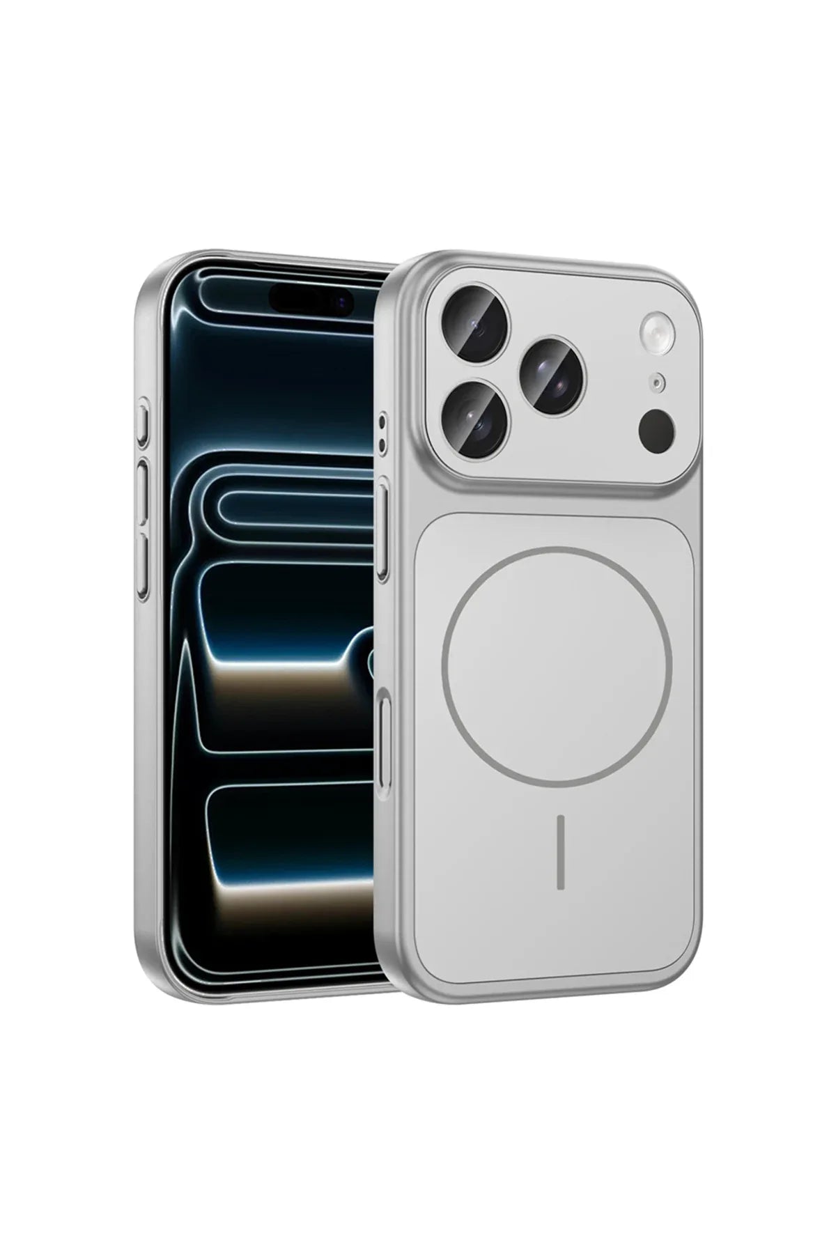 iPhone 17 Pro Max case placed on white surface, showcasing its durable PC material and sleek profile.