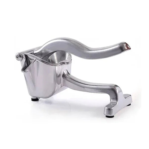 Manual JuicyStar stainless steel juicer on white background, designed for easy fruit juice extraction.