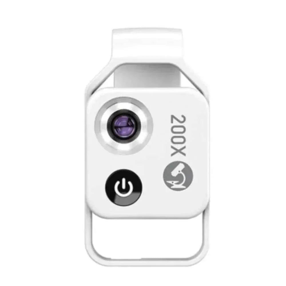 A compact mobile phone lens with built-in LED light, designed for 200x magnification photography.