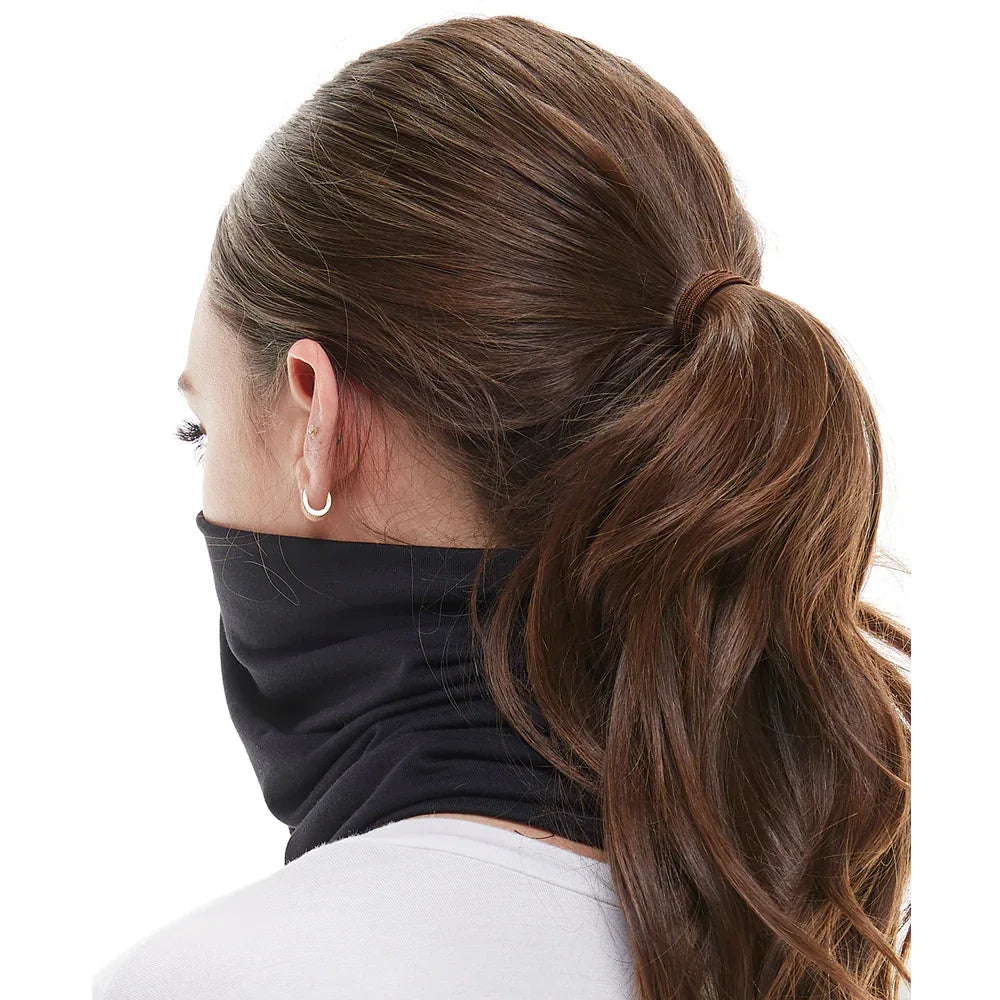 Light-colored neck gaiter bandana displayed flat, highlighting raw edges for extra stretch.