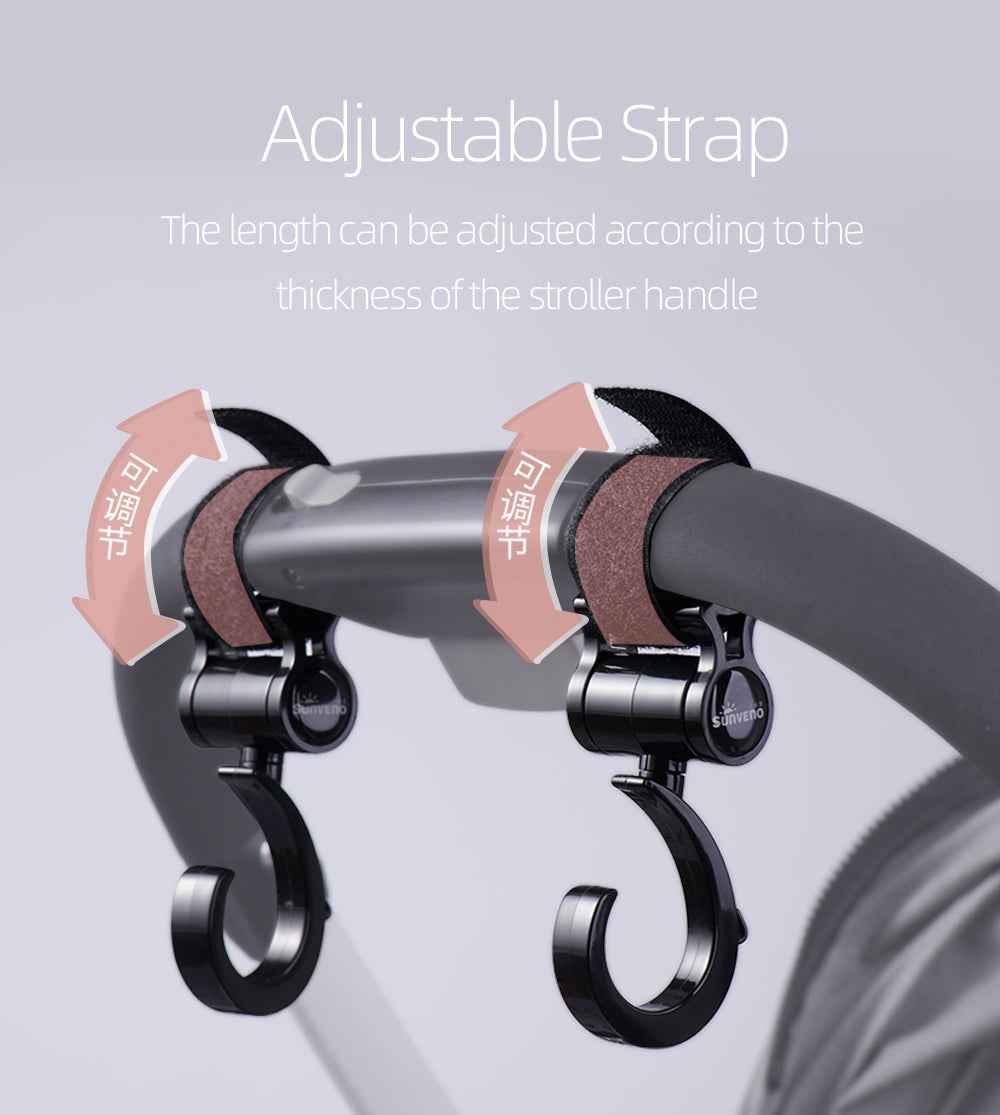 Universal stroller hooks attached to stroller handle holding shopping bags for hands-free convenience