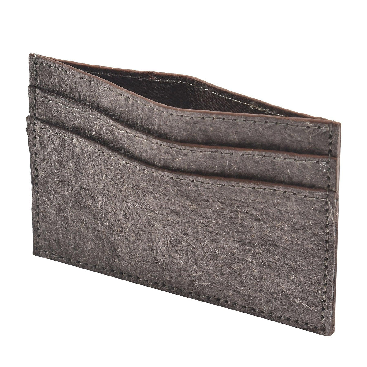 Top view of dark grey coconut leather card holder showing two card slots on one side.