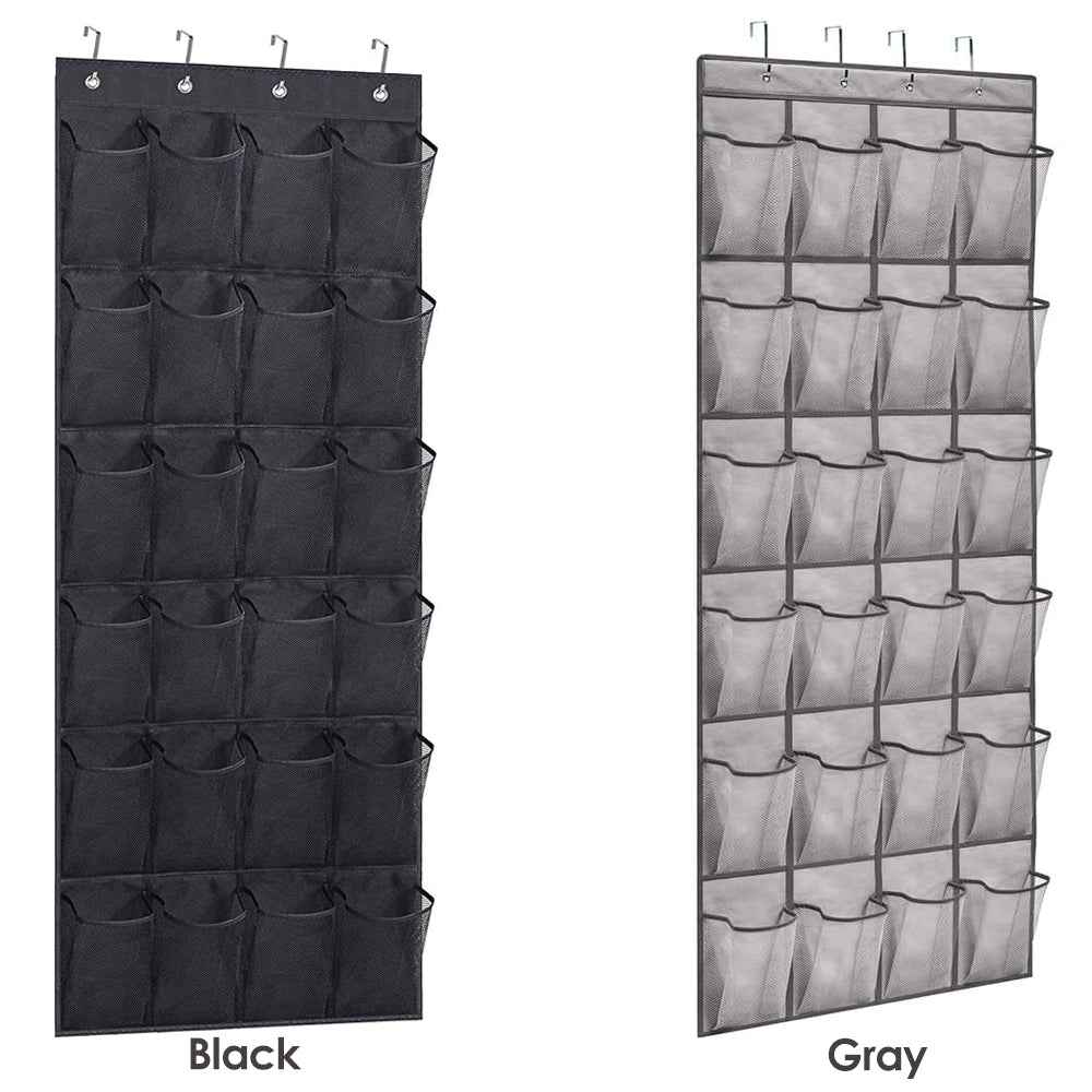White over-the-door shoe organizer with 24 clear pockets, hanging on a door and holding assorted shoes.
