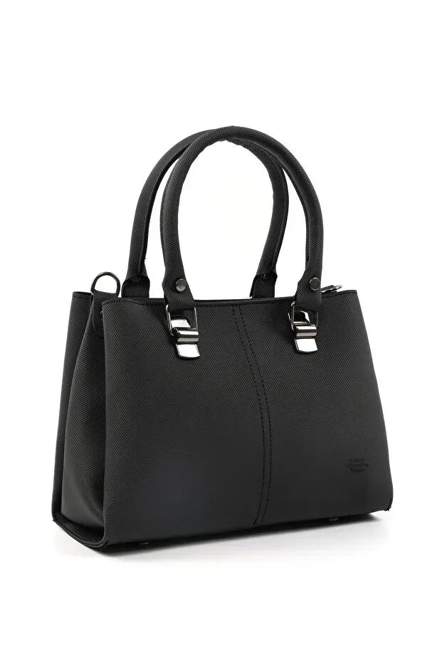 Black Faux Leather Zippered Handbag with 3 Compartments Adjustable Bag - Snagva
