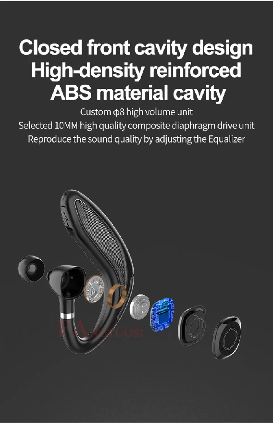 Close-up of headset with noise cancelling and sweat-proof technology features.