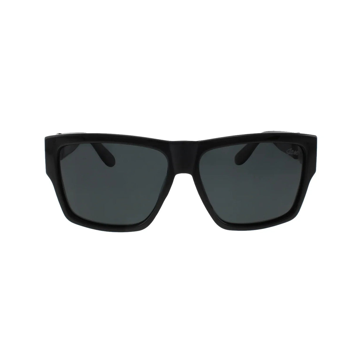 Side view highlighting the metal obelisk design on the black square frame of Jase New York Carter sunglasses.