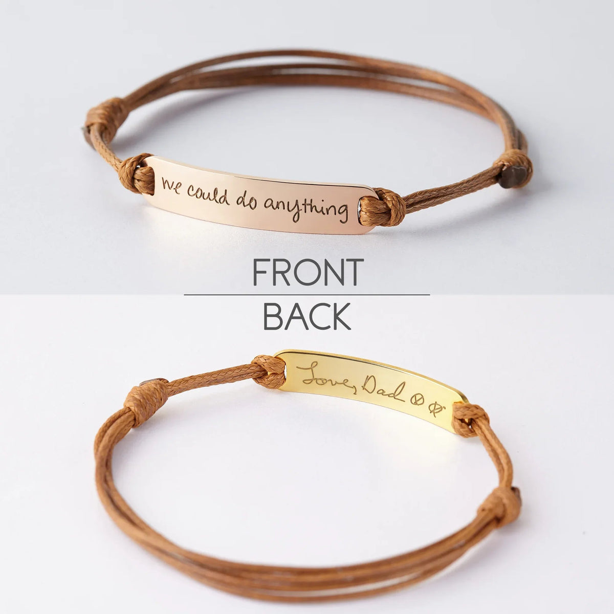 Engraved bracelet displayed with personalized handwriting on the bar.
