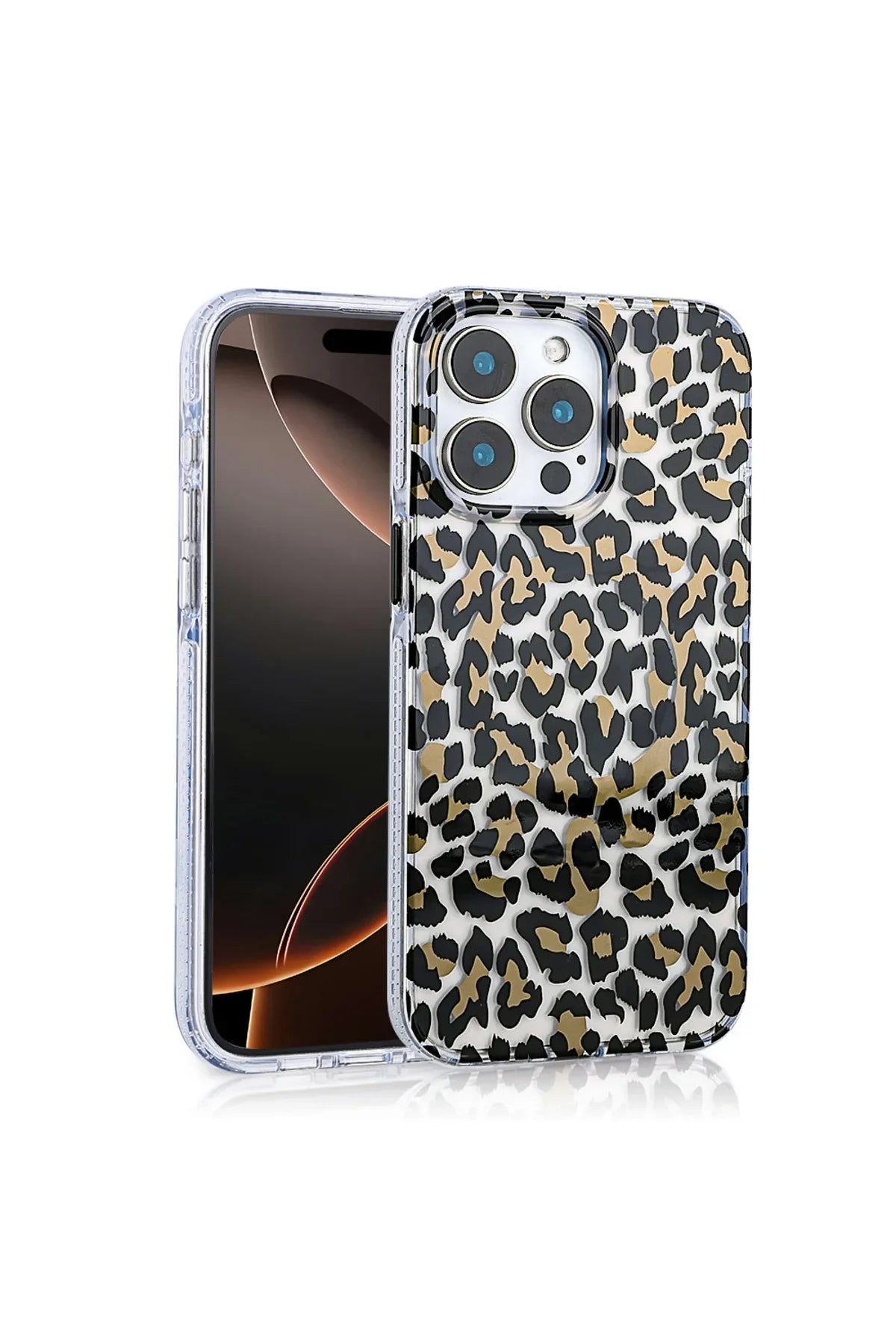 Back view of iPhone 16 Pro case showing detailed leopard pattern design on smooth surface.