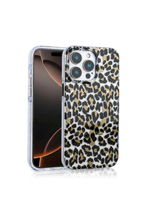 Back view of iPhone 16 Pro case showing detailed leopard pattern design on smooth surface.