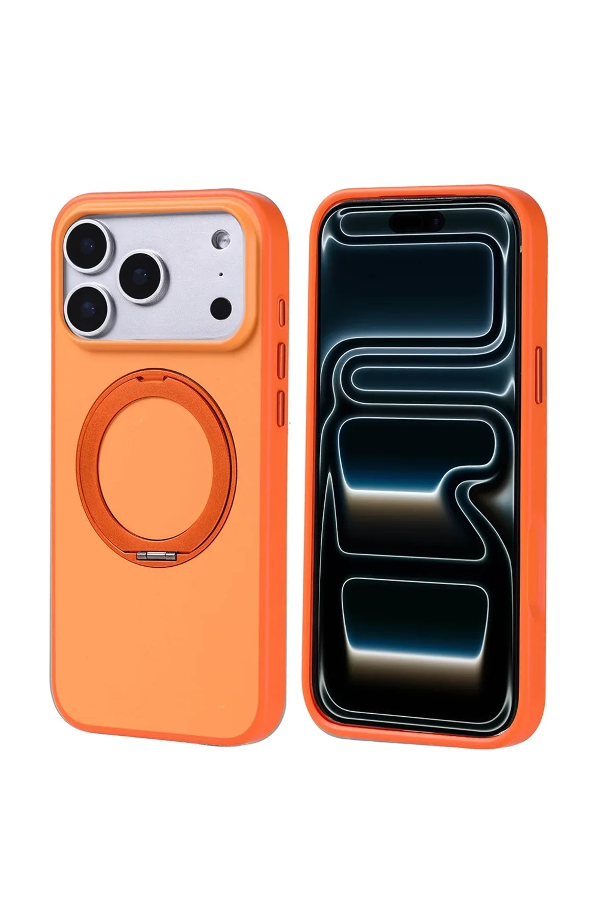 Black iPhone 17 Pro Max case with matte finish and magnetic charging ring on a white background.