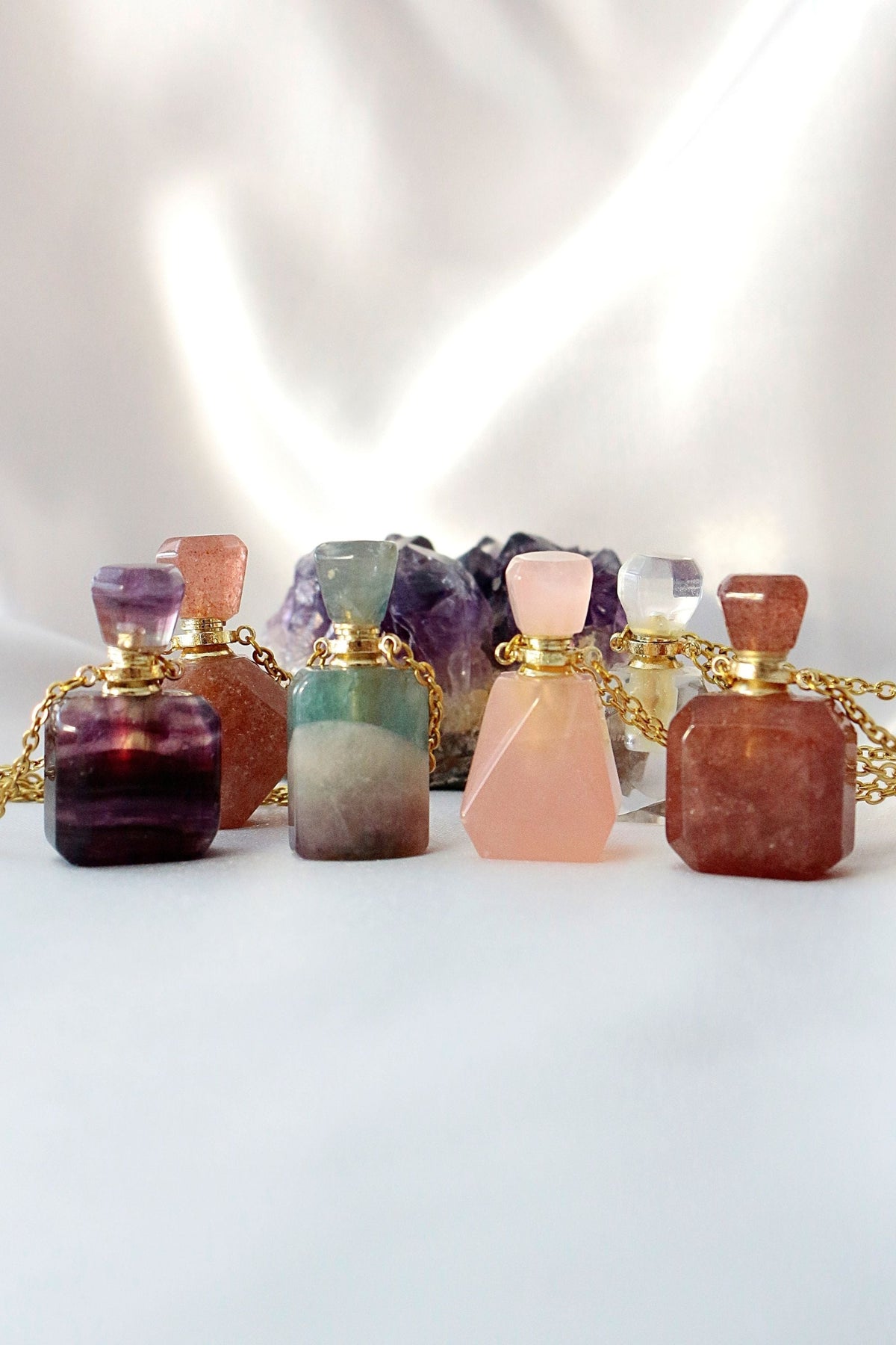Healing Stones Bottle Pendant Necklace by Snagva - full necklace with aromatherapy bottle
