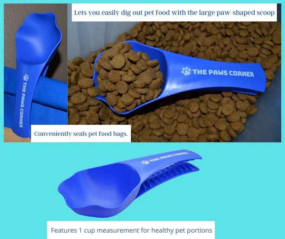 Paw-shaped pet food scoop with a built-in clip, holding one cup of food, in a sturdy and easy-to-grip design.