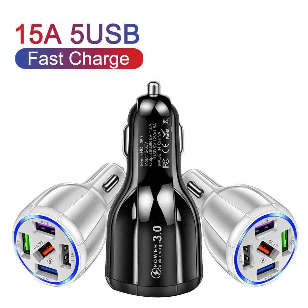 Black car charger with five USB ports plugged into a car, charging several devices at once.