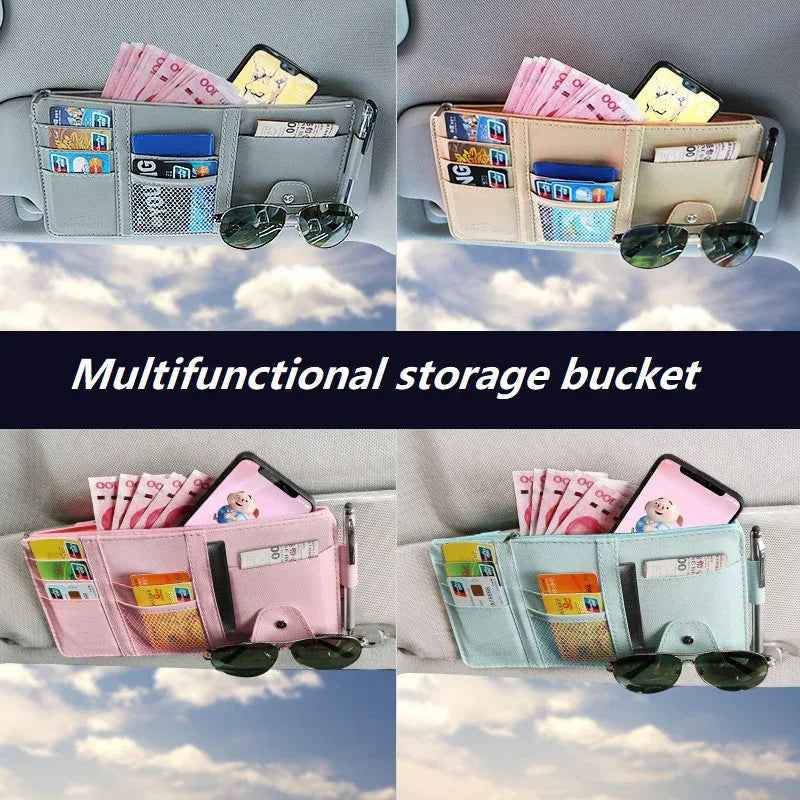 Installed black car sun visor organizer showing organized storage of small items inside vehicle