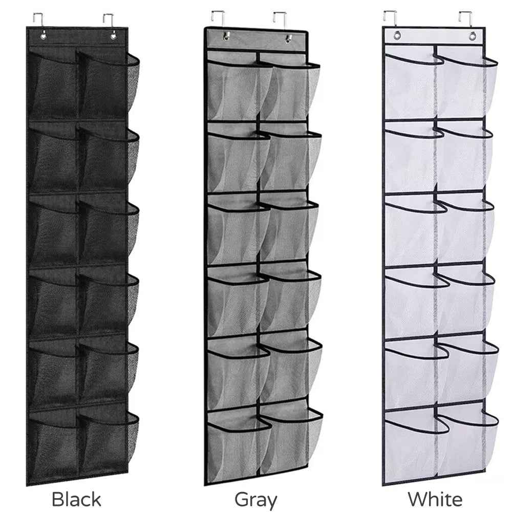 White hanging shoe organizer with 12 clear pockets displayed on a door, holding various shoes and accessories.