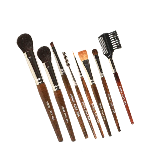 Complete Daniel Cole makeup brush set arranged neatly showing various brush types with short wooden handles.