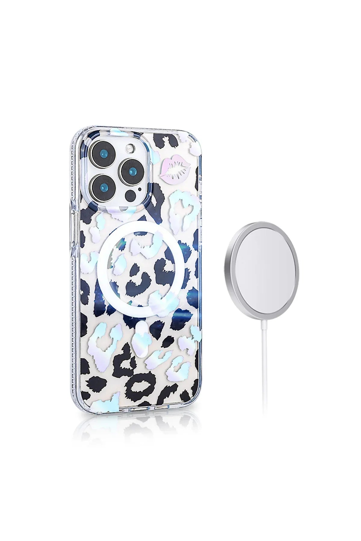 iPhone 16 Pro case with MagSafe feature, leopard design, and charging on a wooden surface.