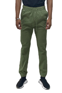 Side view of jogger pants showing elastic ankle cuffs and two back pockets in a neutral color.