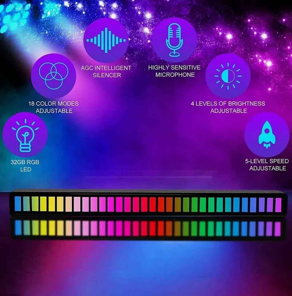 Two rainbow lit LED light bars lying flat under feature icons for 18 color modes, microphone sensitivity and adjustable brightness