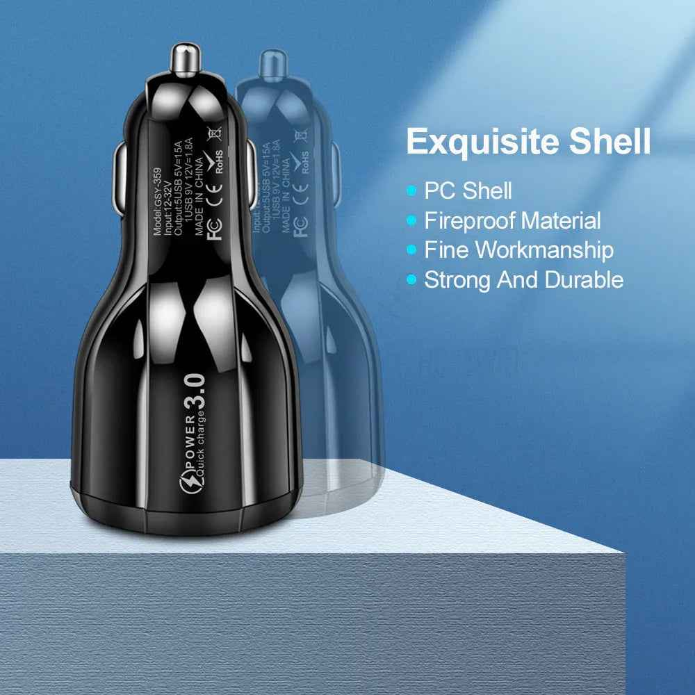 Black car charger with five USB ports plugged into a car lighter socket, charging multiple devices.