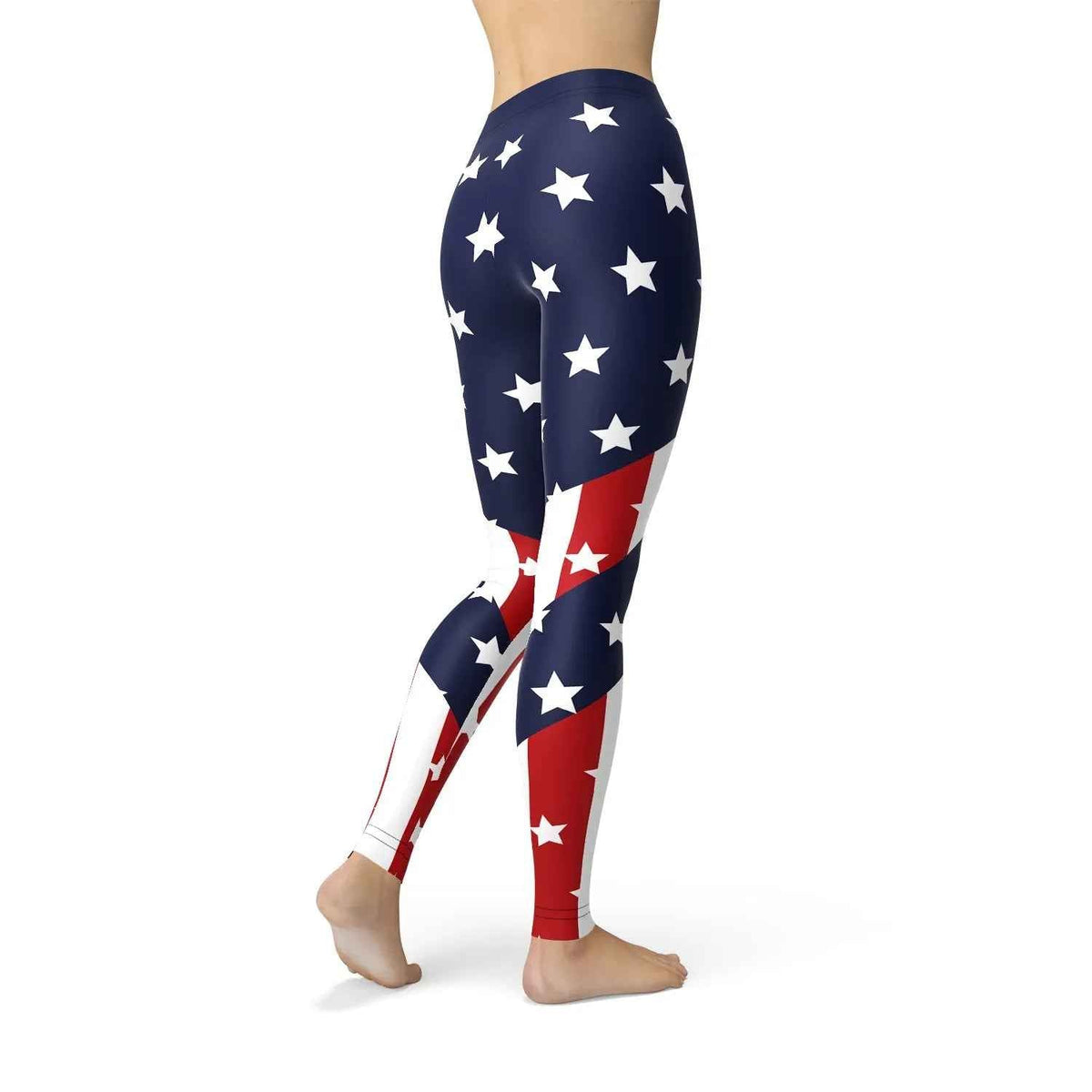 Side view of American flag leggings showing vibrant red, white, and blue colors
