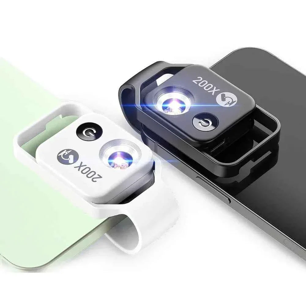 A compact 200X magnification lens with built-in LED light attached to a smartphone, ready for detailed photography.