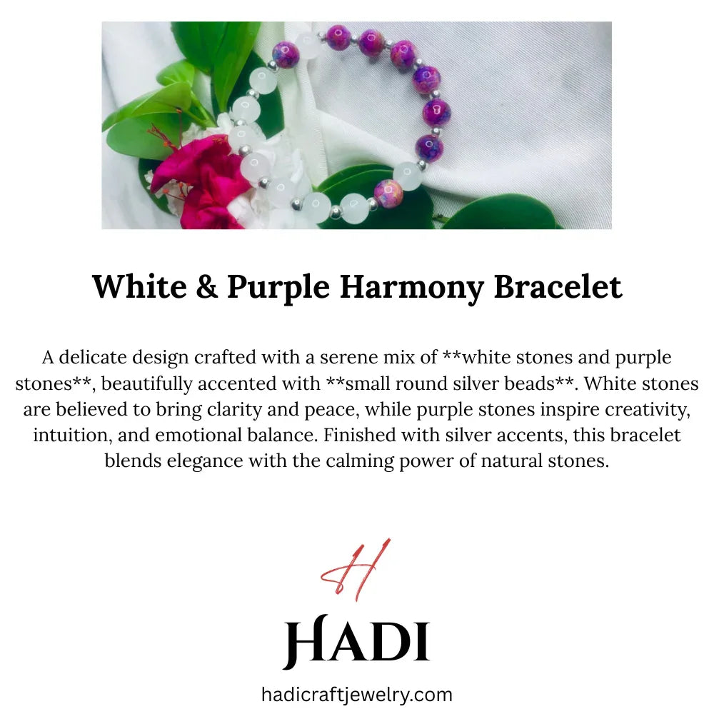 White and purple stretch bracelet displayed on a white surface with natural lighting.