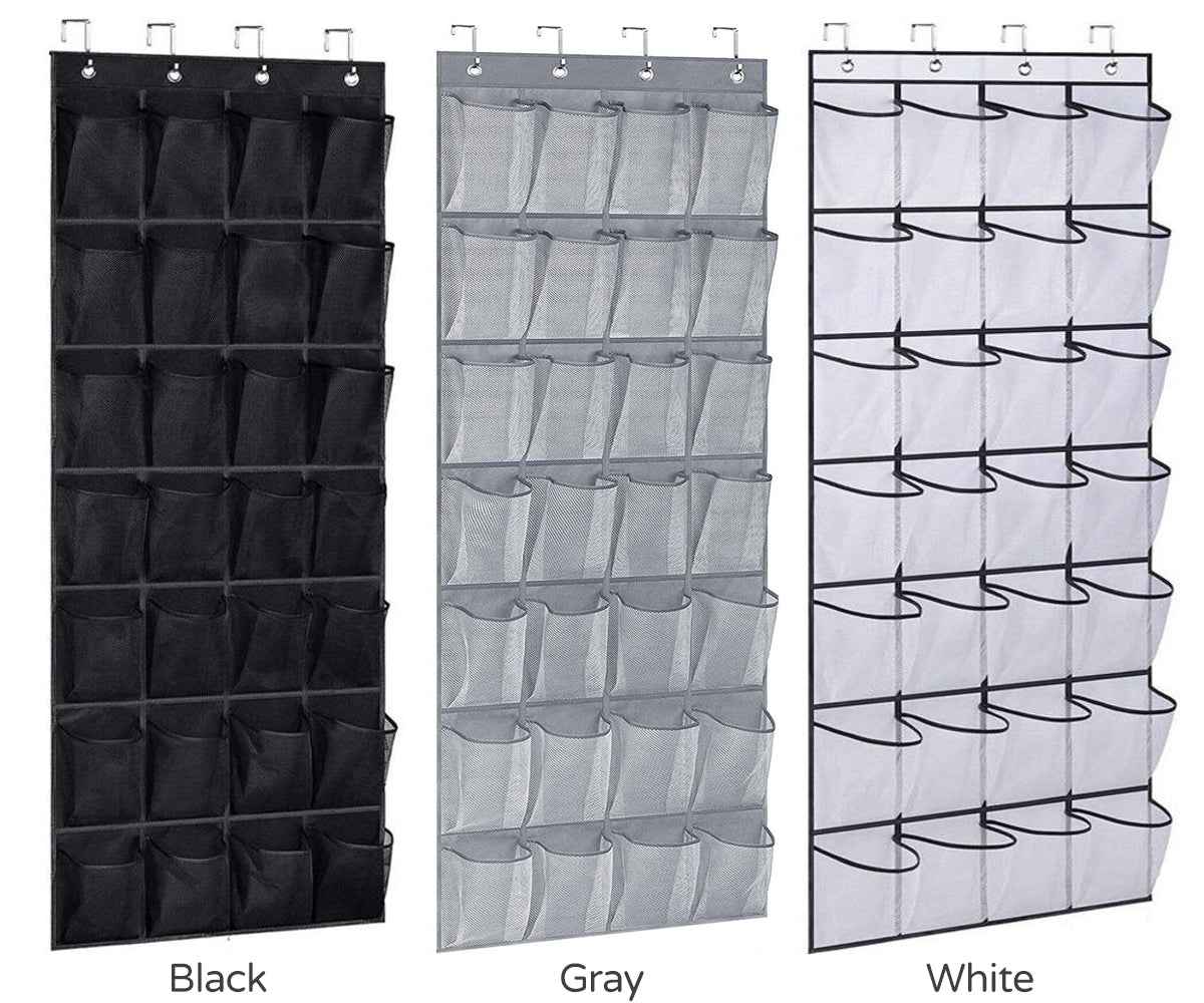 White hanging organizer with 28 clear pockets for shoes and accessories, draped over a door in a tidy room.
