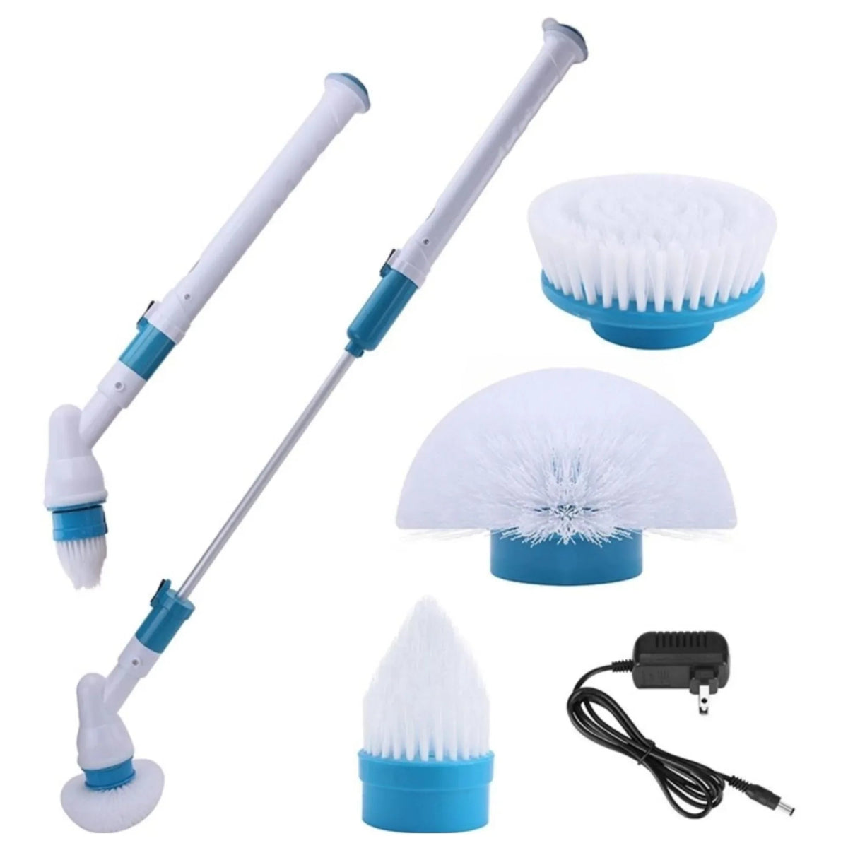 Rechargeable spin scrubber with brush head shown in use on kitchen surface.
