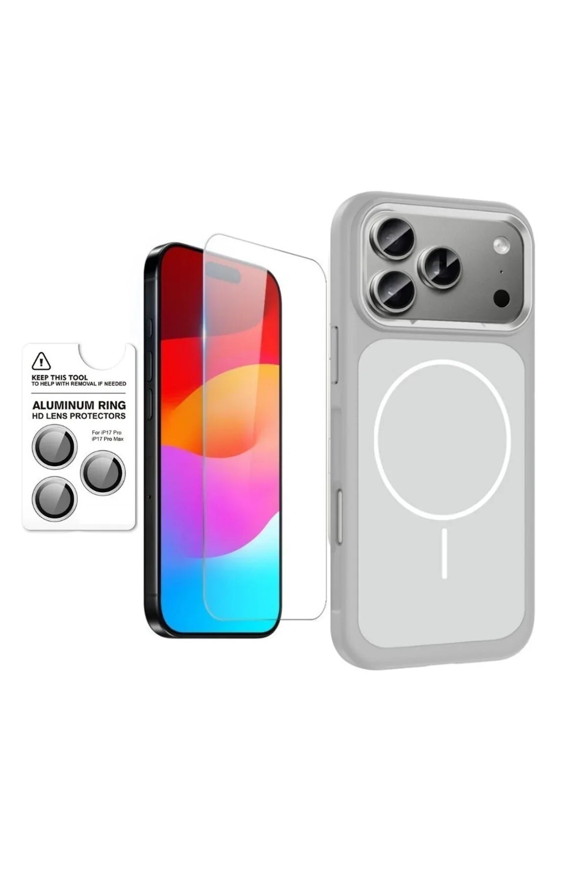 iPhone 17 Pro inside the case with screen protector applied and camera lens cover attached.