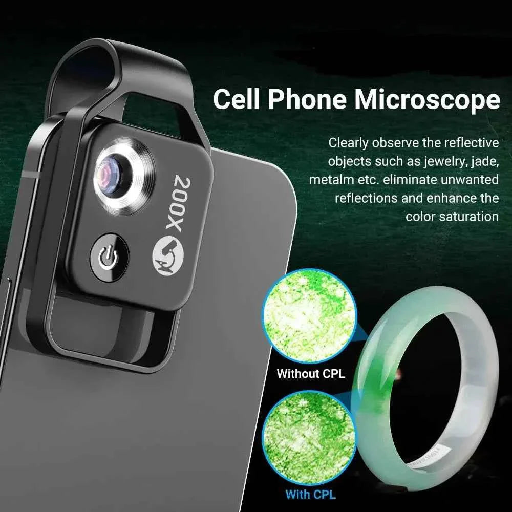 A compact 200X magnification lens with built-in LED light attached to a smartphone, ready for close-up photography.