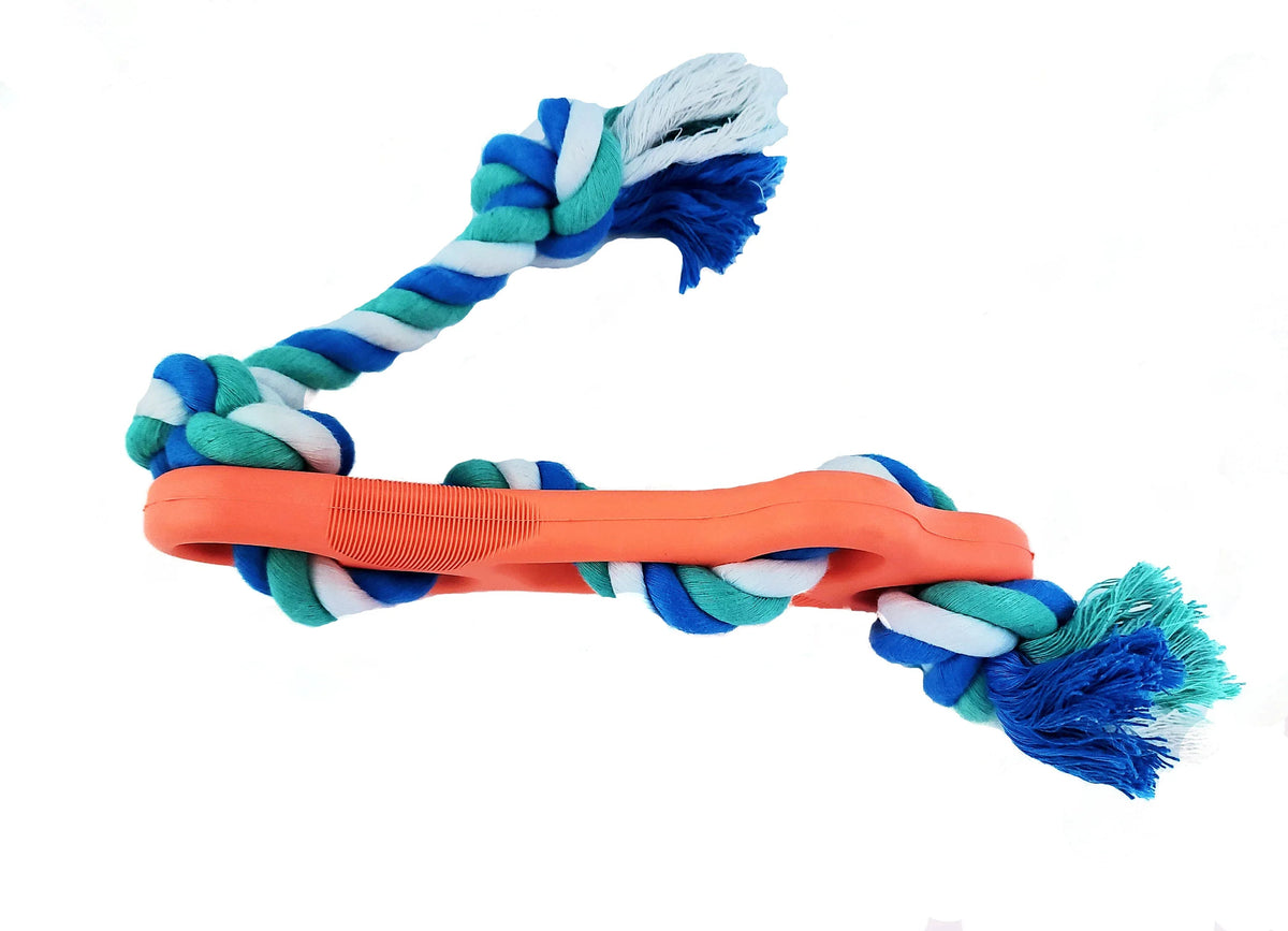Infographic describing benefits of ribbed rubber bone chew toy for dental health and play.