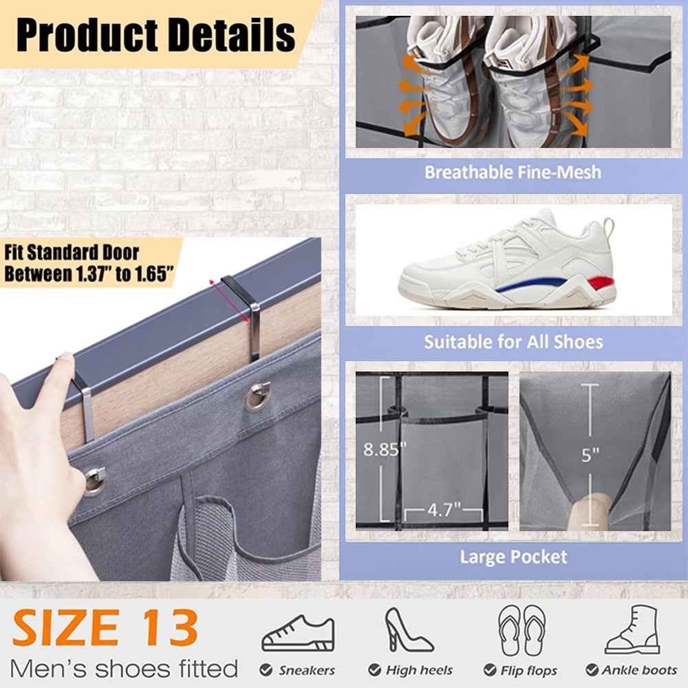 White hanging shoe organizer with 24 clear pockets, hooked over a door, holding shoes and small accessories.