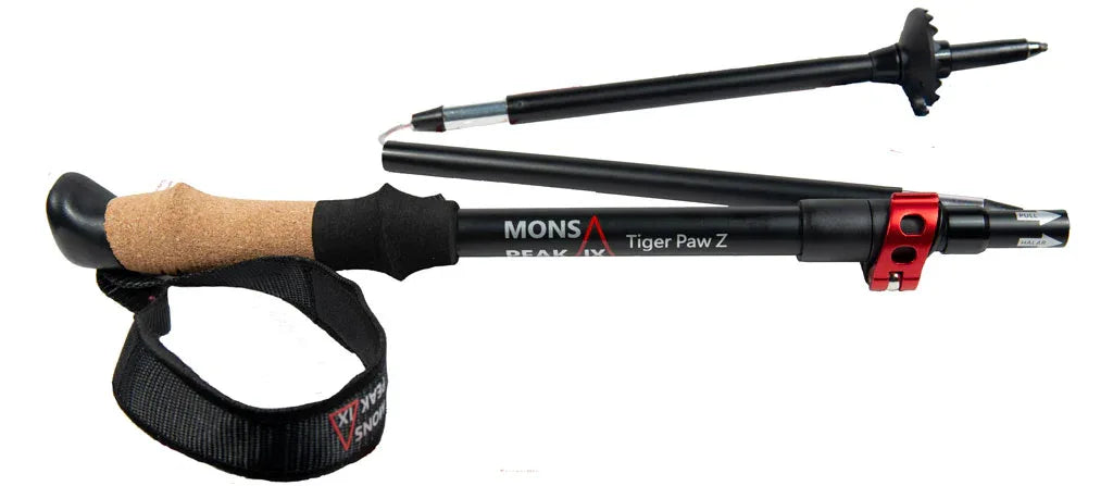 Detail of trekking pole hand grips showing cork and polymer materials with adjustable lever.