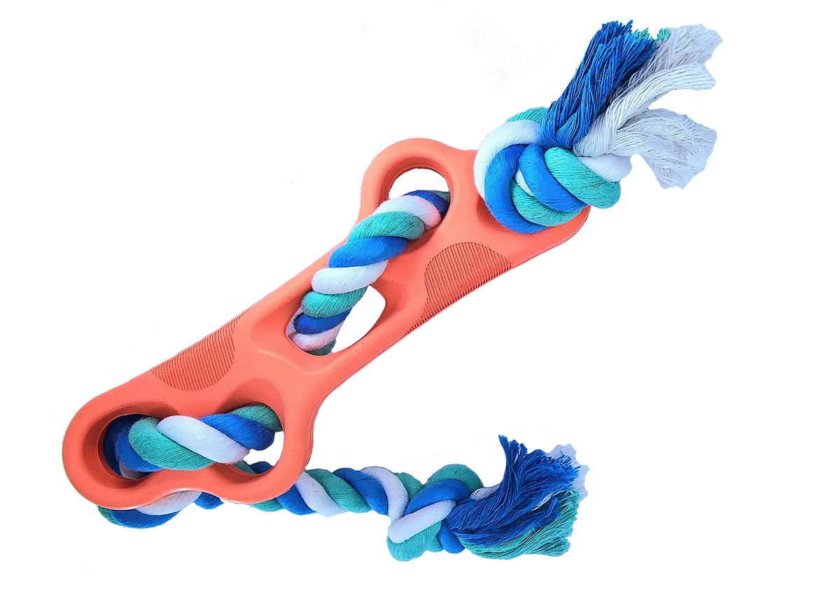 Infographic showing features of durable rubber bone dog chew toy with tug rope for active dogs.